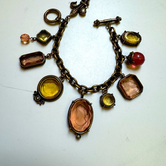 EXTASIA-rare vintage Intaglio Cameo Carved citrine rose glass charm bracelet